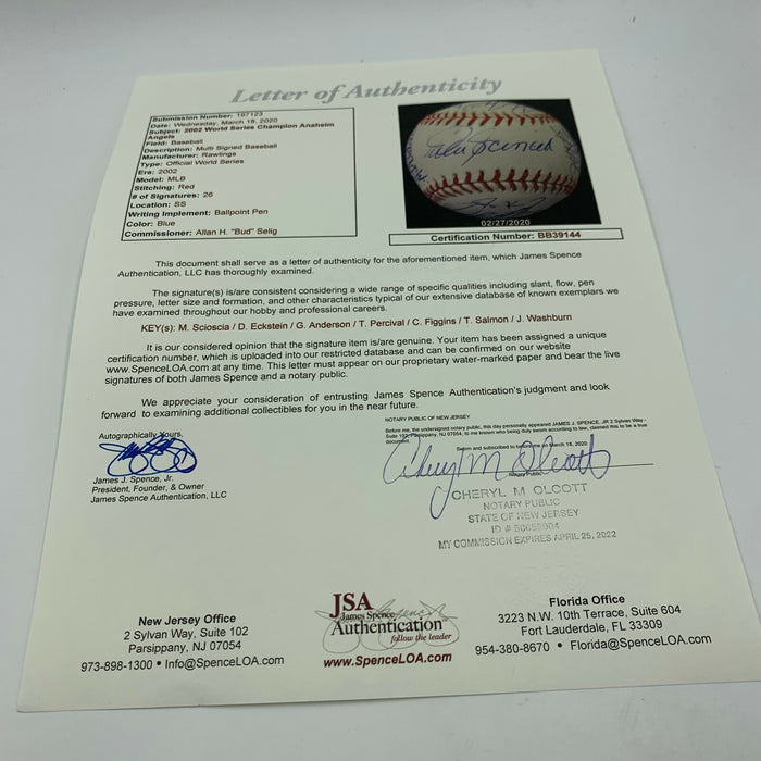 2002 Anaheim Angels World Series Champs Team Signed W.S. Baseball With JSA COA