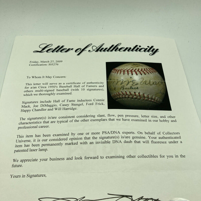 Joe Dimaggio Casey Stengel Connie Mack Frick Will Harridge Signed Baseball PSA