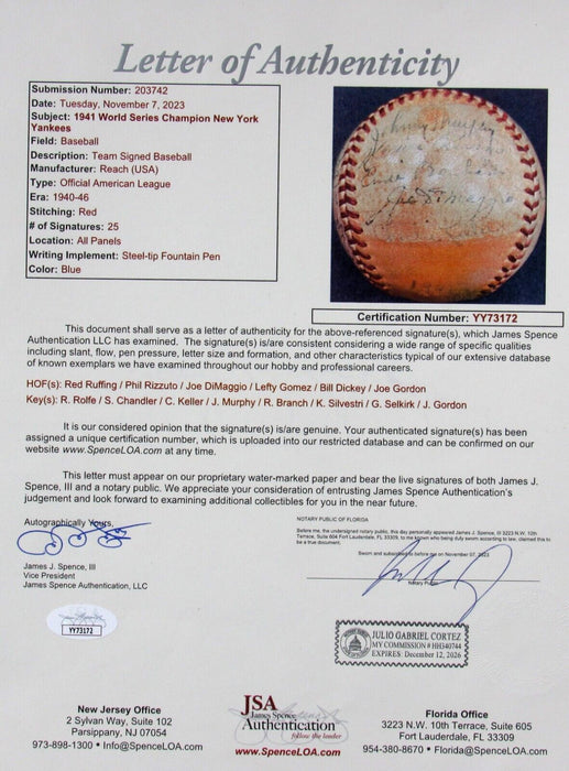 1941 New York Yankees World Series Champs Team Signed Baseball JSA COA