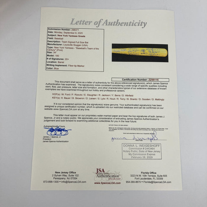 New York Yankees Legends Team Of The Century Multi Signed Baseball Bat JSA COA