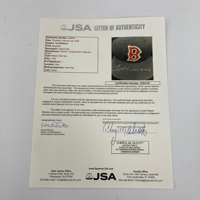 Ted Williams Signed Boston Red Sox Authentic Game Model Hat JSA COA
