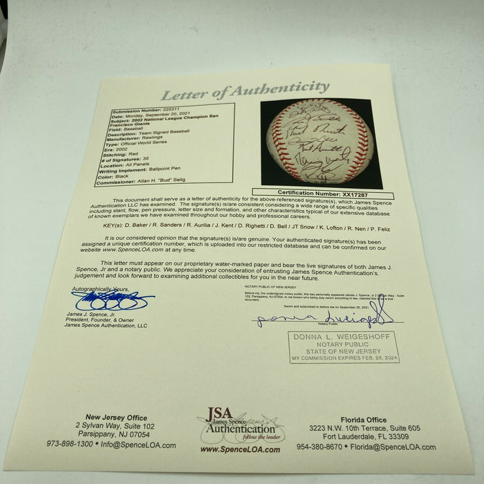 2002 San Francisco Giants NL Champs Team Signed World Series Baseball JSA COA