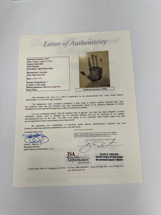 Dizzy Dean Signed 1930's Original Handprint PSA DNA GEM MINT 10 & JSA COA