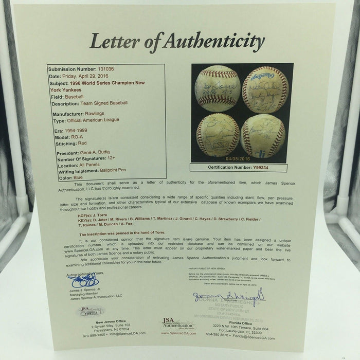 1996 NY Yankees Team Signed Game Used Baseball Derek Jeter Mariano Rivera JSA