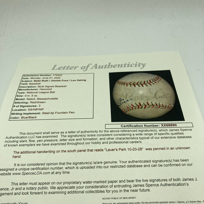 Babe Ruth Lou Gehrig Jimmie Foxx Signed 1920's Baseball JSA COA