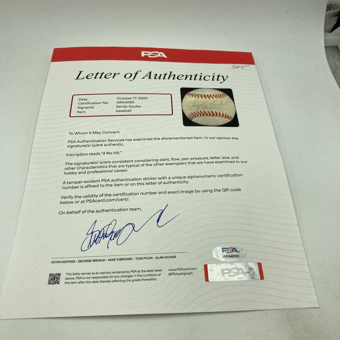 Sandy Koufax "4 No Hitters" Signed Inscribed National League Baseball PSA DNA