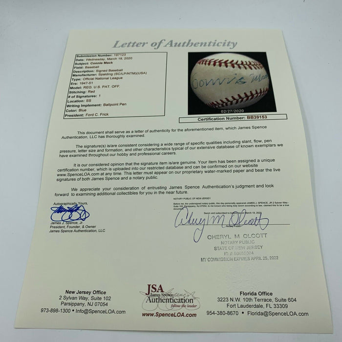 Stunning Connie Mack Single Signed National League Baseball With JSA COA