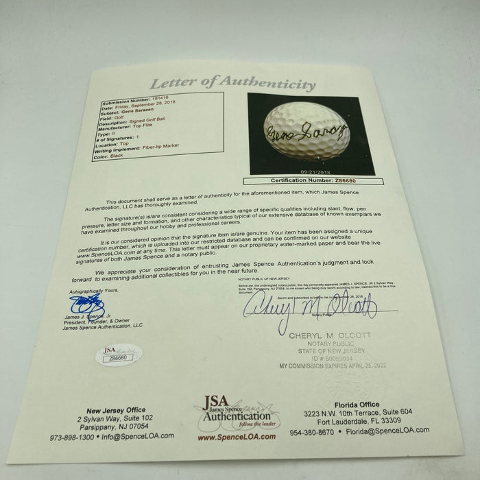 Gene Sarazen Signed Golf Ball JSA COA