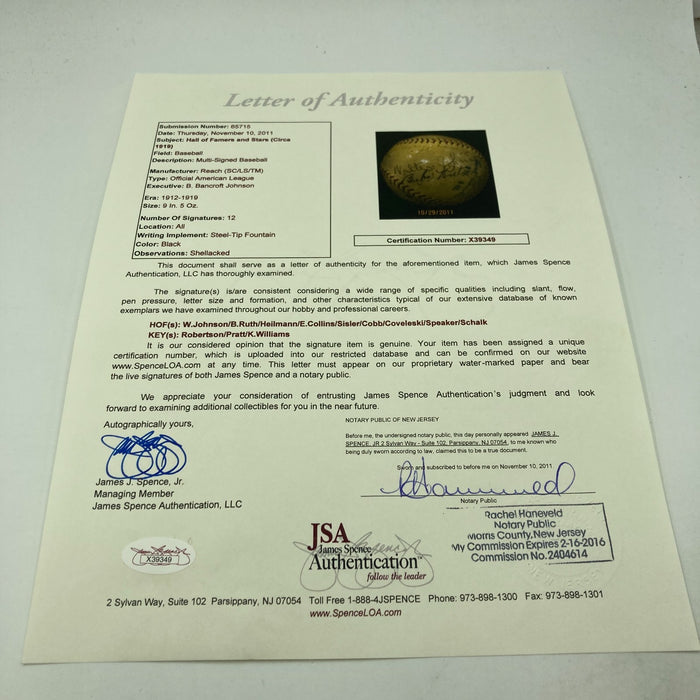 Babe Ruth Ty Cobb Walter Johnson Tris Speaker George Sisler Signed Baseball JSA