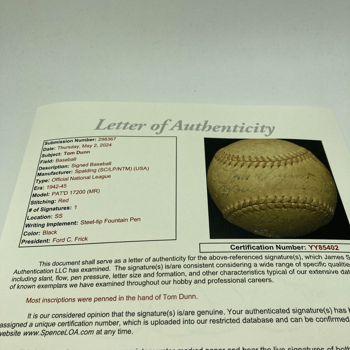 1944 World Series Game Used Baseball Signed By Umpire Tom Dunn JSA COA