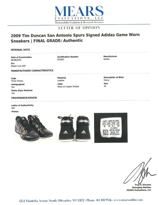 Tim Duncan Signed 2009 Game Used Adidas Sneakers Shoes MEARS & Beckett COA