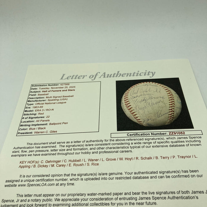 1950's HOF Multi Signed Baseball Lefty Grove Ray Schalk Pie Traynor Sam Rice JSA