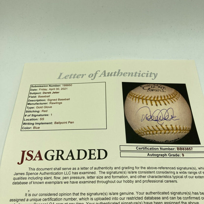 Stunning Derek Jeter Signed Official Gold Glove Baseball JSA COA Graded MINT 9