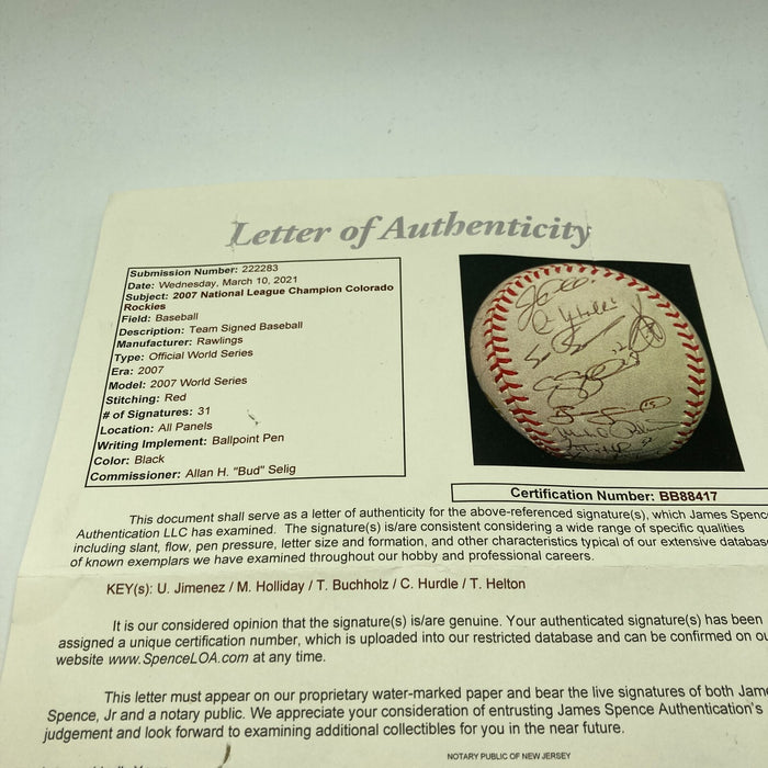 Rare 2007 Colorado Rockies NL Champs Team Signed World Series Baseball JSA COA