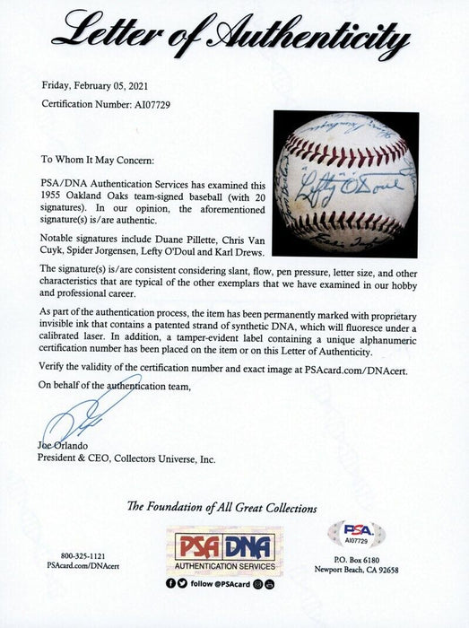 1955 Oakland Oaks Minor League Team Signed Baseball With Lefty O'Doul PSA DNA