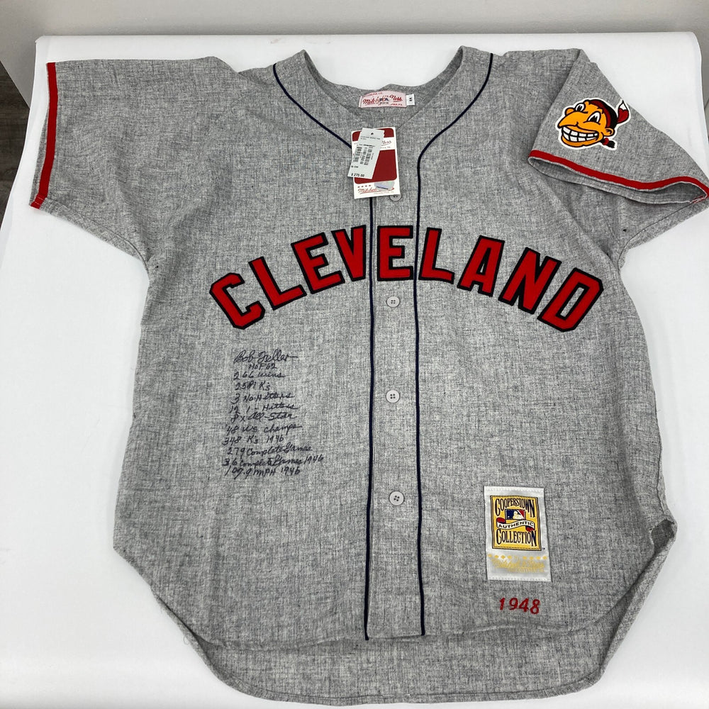 Bob Feller Signed Inscribed STATS Cleveland Indians Mitchell & Ness Jersey PSA