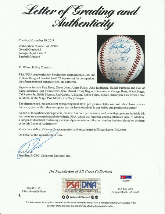 The Finest 3,000 Hit Club Signed Baseball 22 Sigs Derek Jeter Willie Mays JSA