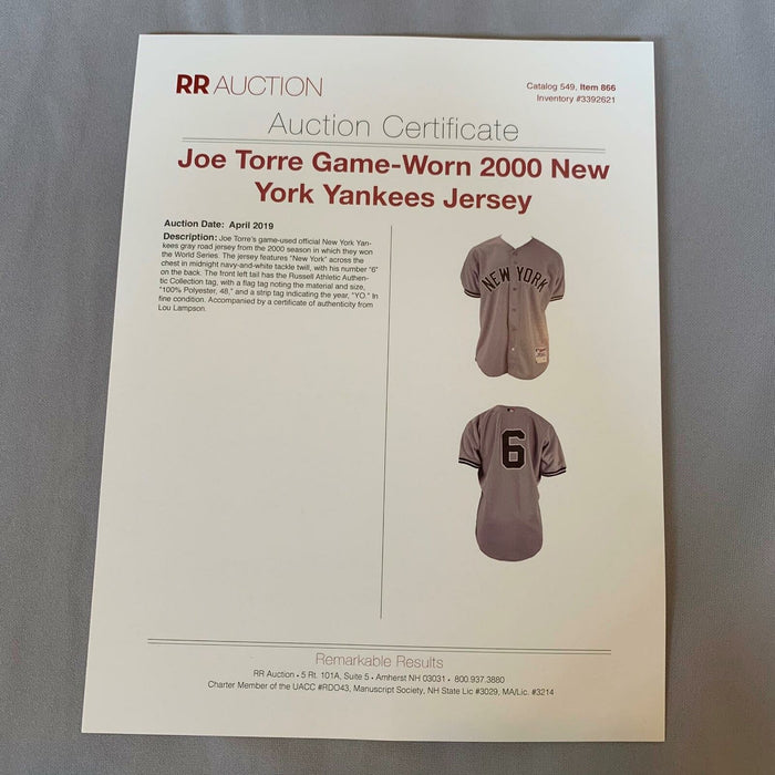 Joe Torre 2000 New York Yankees World Series Champs Game Used Jersey With COA