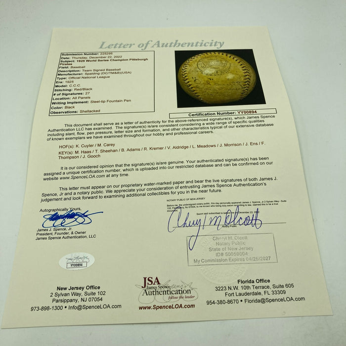 Historic 1925 Pittsburgh Pirates World Series Champs Team Signed Baseball JSA