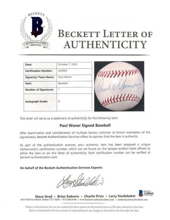 The Finest Paul Waner Single Signed American League Baseball With Beckett COA