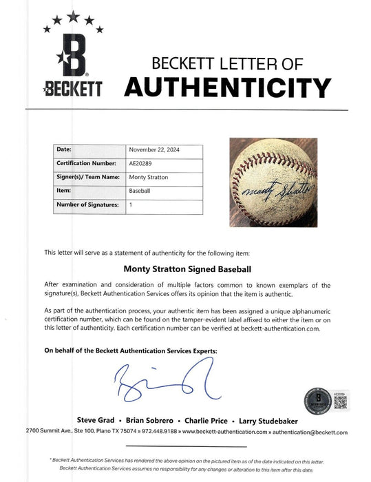 RARE Monty Stratton Single Signed Vintage Baseball Beckett COA