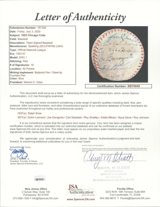 1953 Chicago Cubs Team Signed National League Giles Baseball With JSA COA