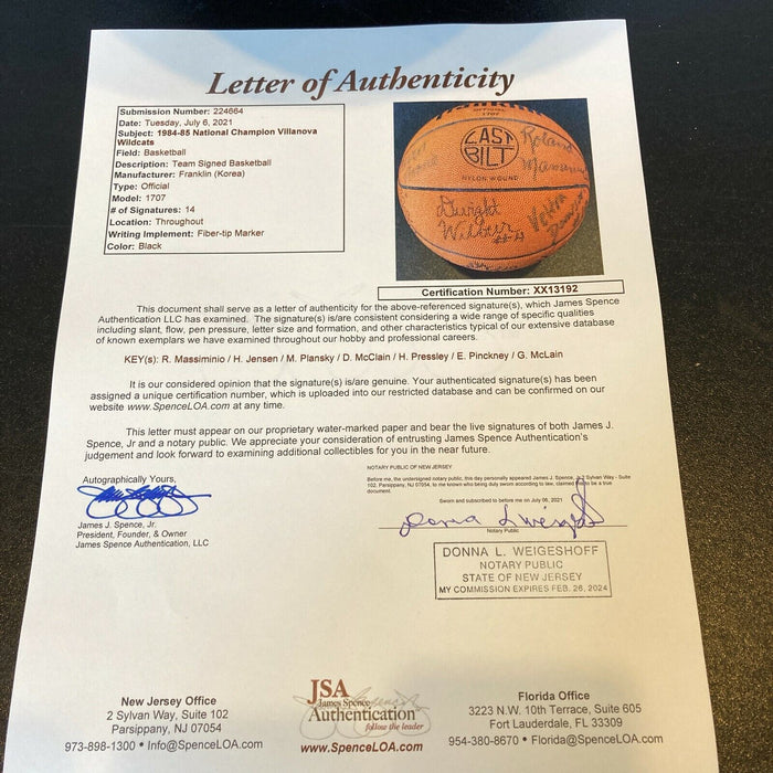 1984-85 Villanova Wildcats NCAA National Champions Team Signed Basketball JSA
