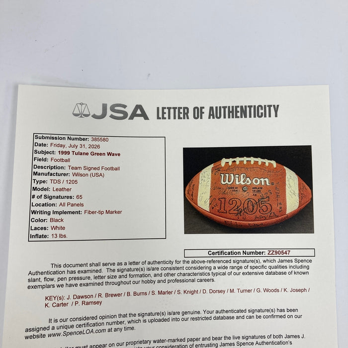 1999 Tulane Green Wave Team Signed NCAA Football 65 Sigs JSA COA