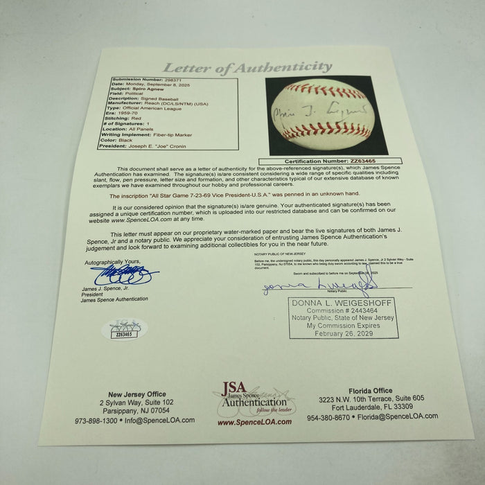Vice President Spiro Agnew Single Signed 1969 American League Baseball JSA COA