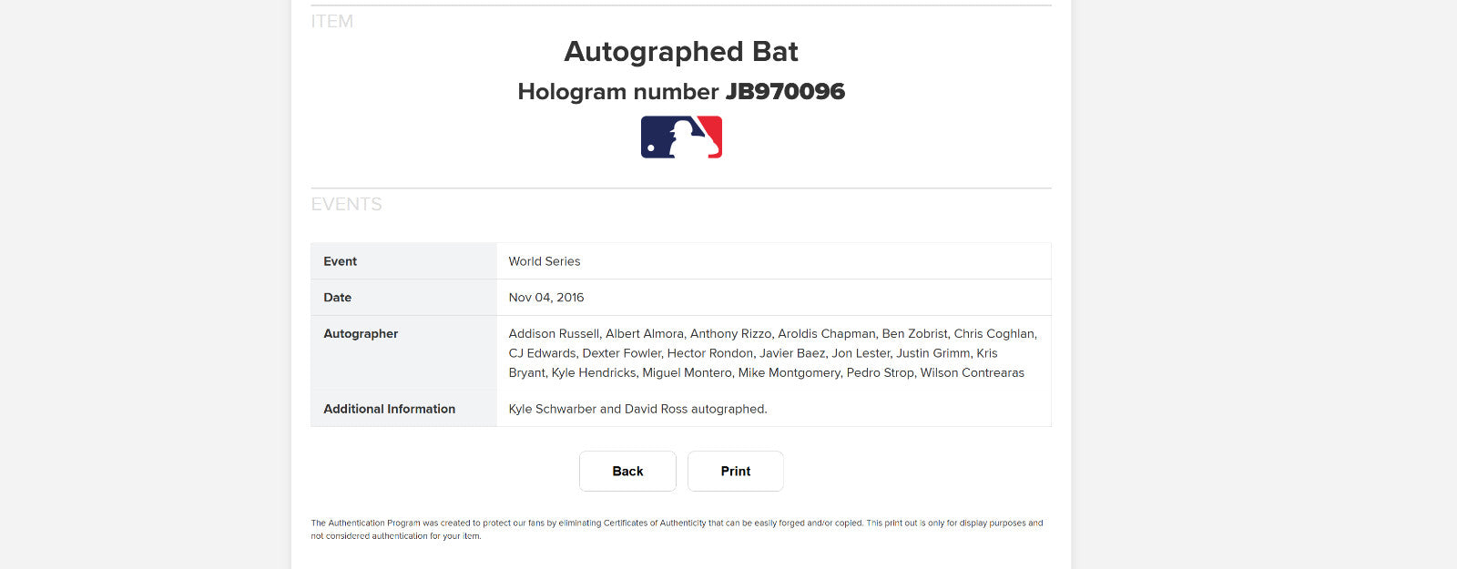 2016 Chicago Cubs World Series Champs Team Signed Baseball Bat MLB & Fanatics