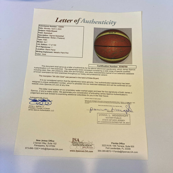Kobe Bryant "2008 USA Gold" Signed Official Olympics FIBA Basketball UDA & JSA