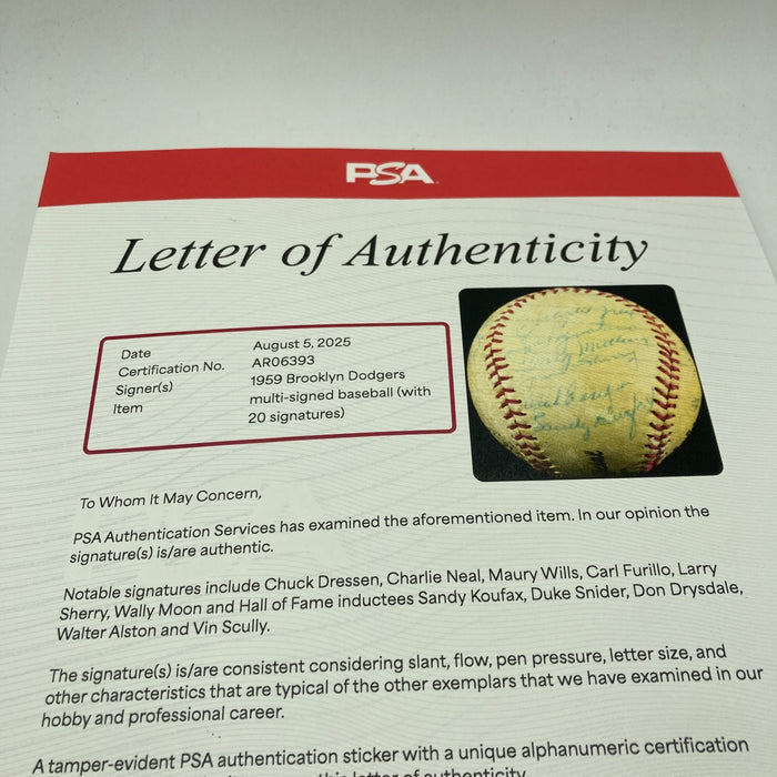 1959 Los Angeles Dodgers World Series Champs Team Signed Baseball Koufax PSA DNA