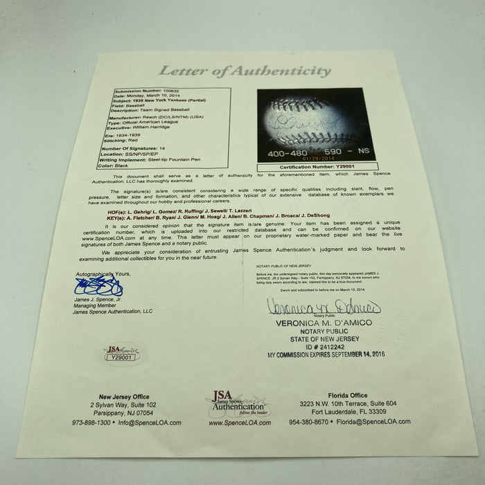 Lou Gehrig Sweet Spot 1935 New York Yankees Team Signed Baseball PSA DNA & JSA