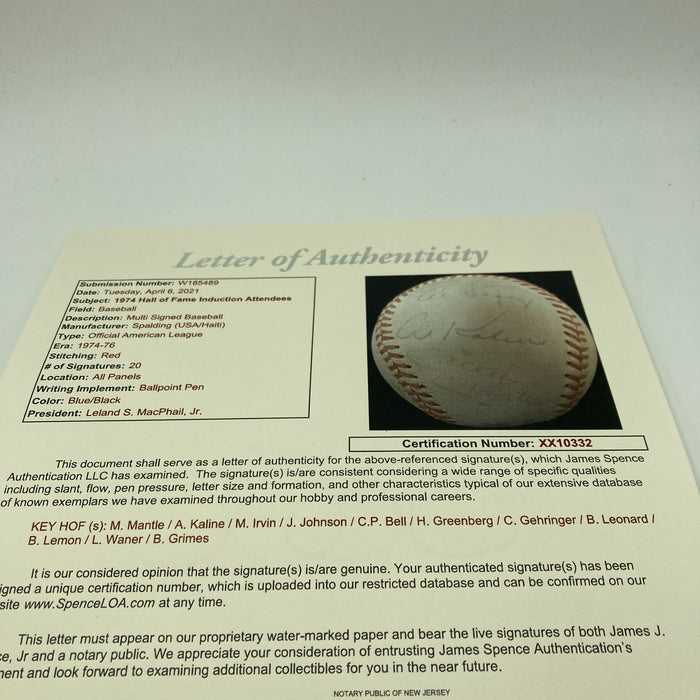 Mickey Mantle 1974 Hall Of Fame Induction Multi Signed Baseball JSA COA