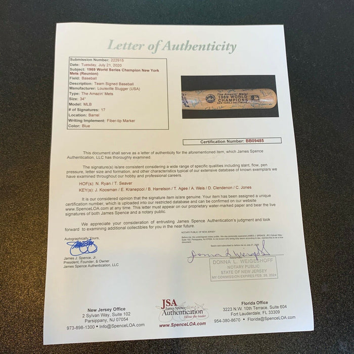 1969 New York Mets World Series Champs Team Signed Bat Nolan Ryan Tom Seaver JSA