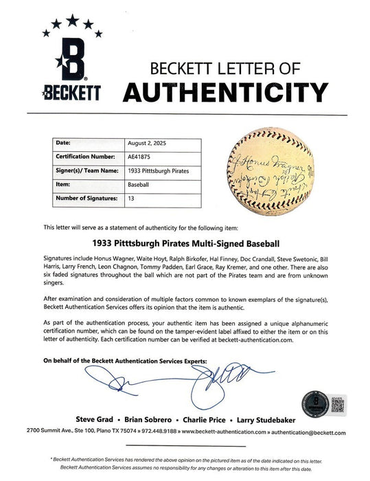 Stunning Honus Wagner 1933 Pittsburgh Pirates Team Signed Baseball Beckett COA