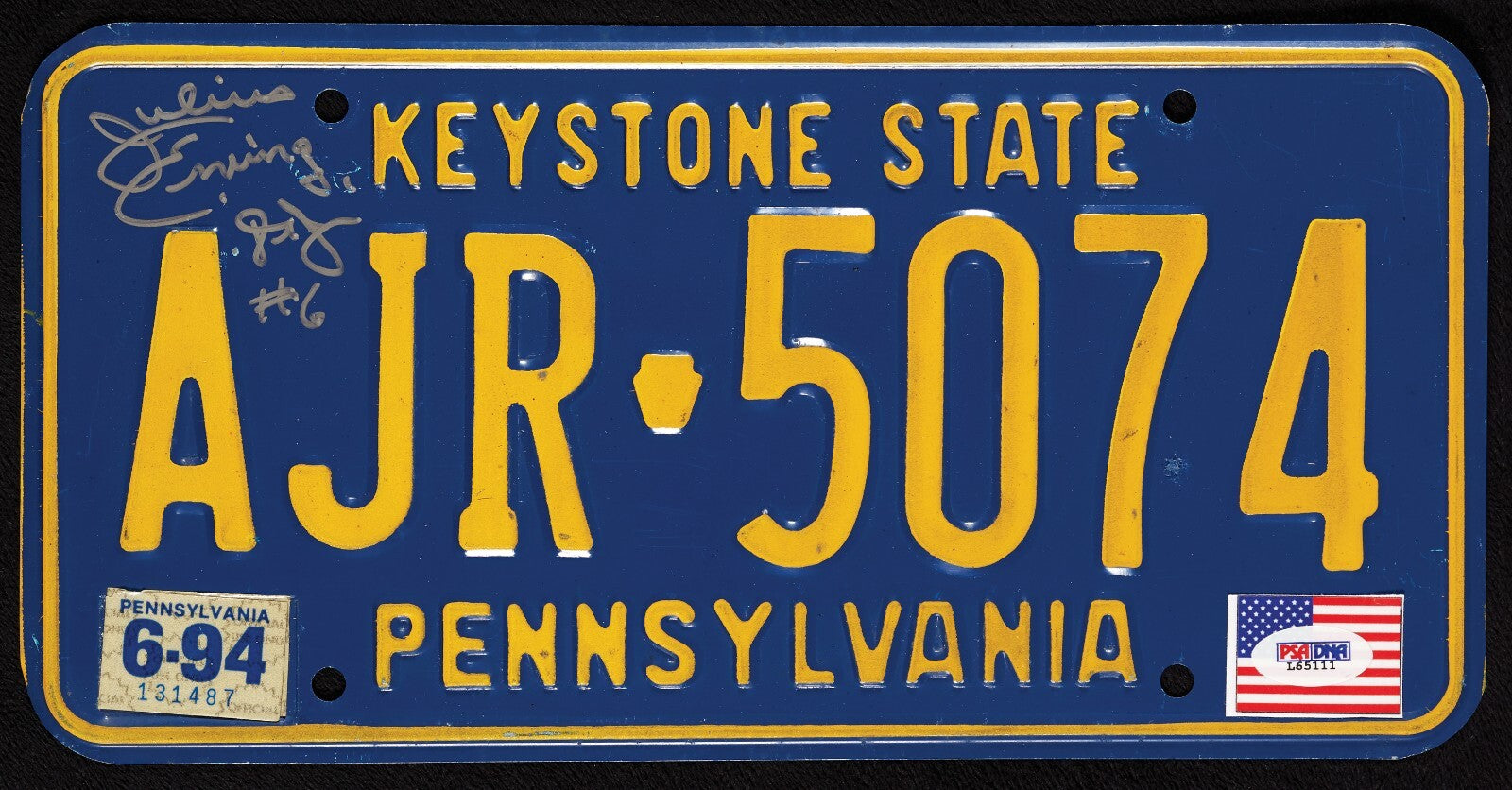 Julius Erving Dr. J #6 Signed Pennsylvania License Plate PSA DNA COA