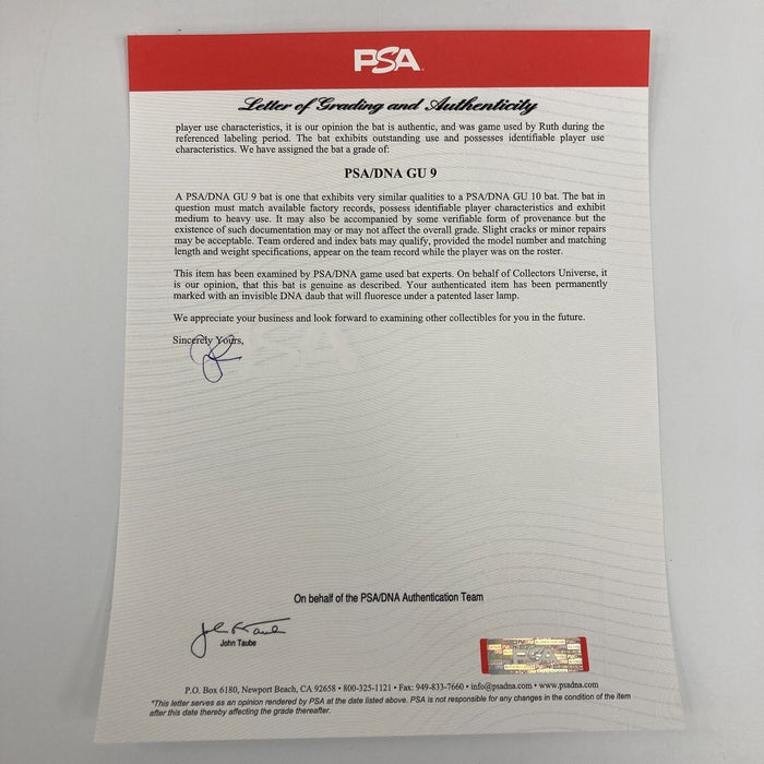 The Finest Babe Ruth 1925-1926 Game Used Bat PSA 9 & MEARS 10 COA