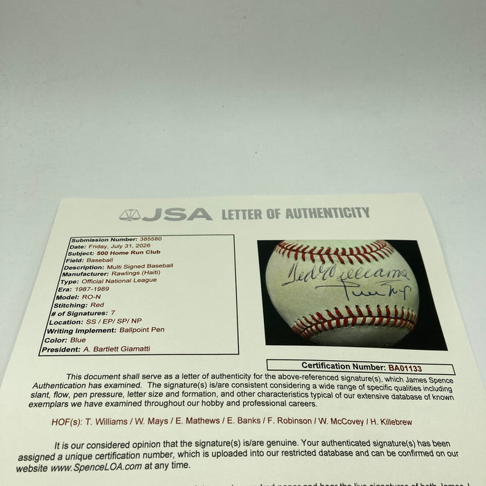 500 Home Run Club Multi Signed Baseball Ted Williams Willie Mays JSA COA