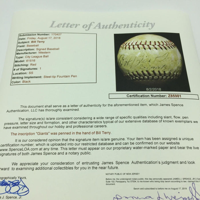 1930's Bill Terry Playing Days Single Signed Baseball With JSA COA Red Sox Auto