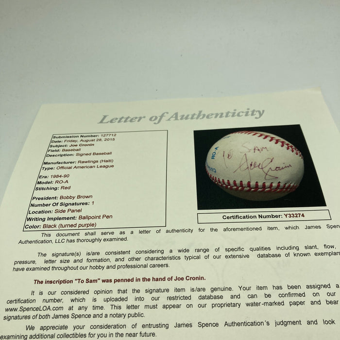 Joe Cronin Signed Official American League Baseball JSA COA