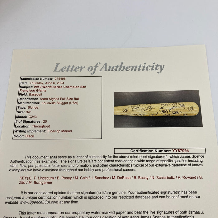 2010 San Francisco Giants World Series Champs Team Signed Baseball Bat JSA COA