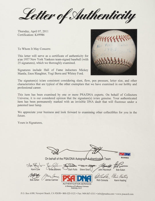 1957 New York Yankees American League Champs Team Signed AL Baseball JSA