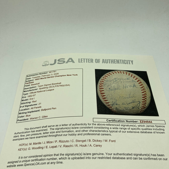 1953 New York Yankees World Series Champs Team Signed Baseball Mickey Mantle JSA