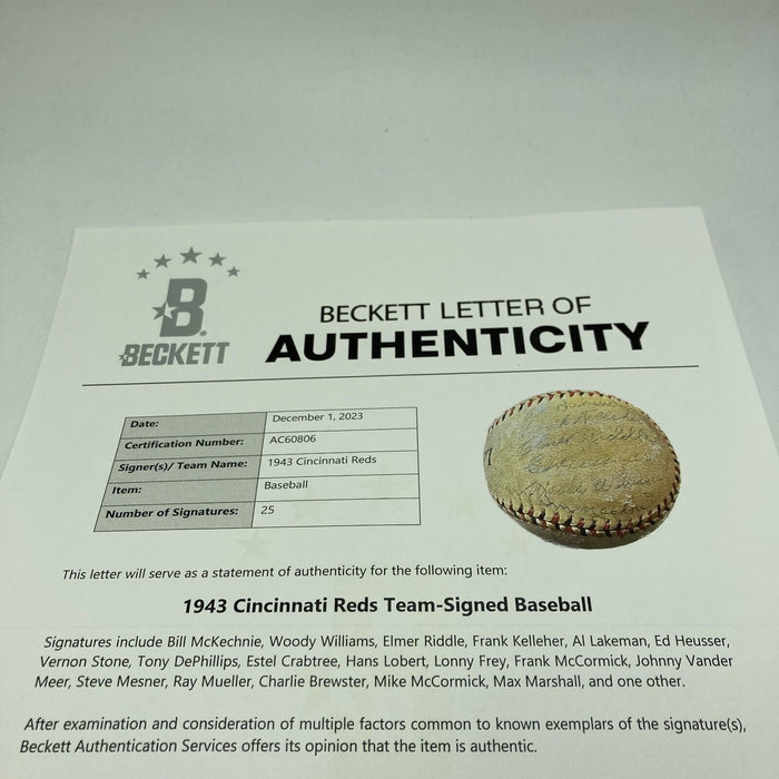 Frank McCormick 1943 Cincinnati Reds Team Signed Baseball Beckett COA