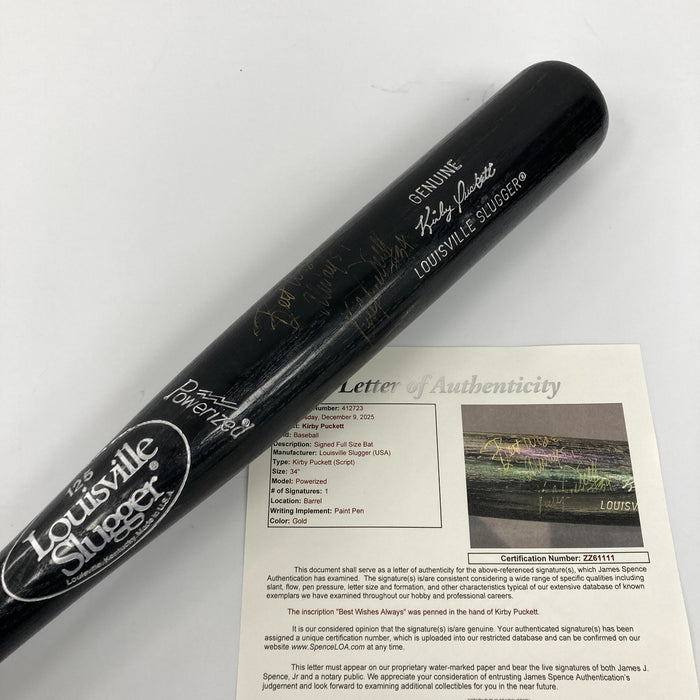 Kirby Puckett Signed Louisville Slugger Game Model Baseball Bat JSA COA