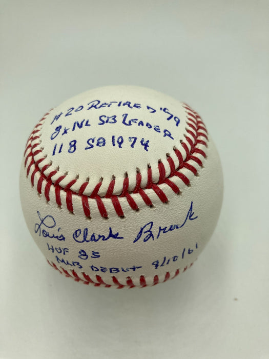 Lou Brock Full Name Signed Heavily Inscribed STAT Baseball JSA COA