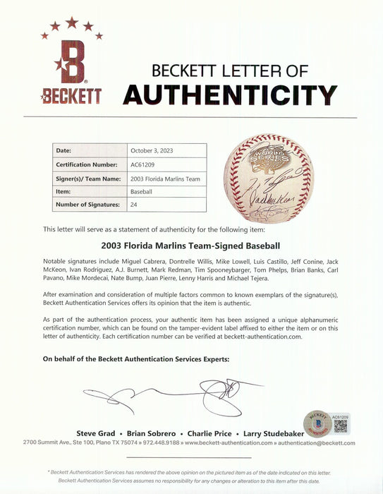 2003 Florida Marlins World Series Champs Team Signed W.S. Baseball Beckett COA