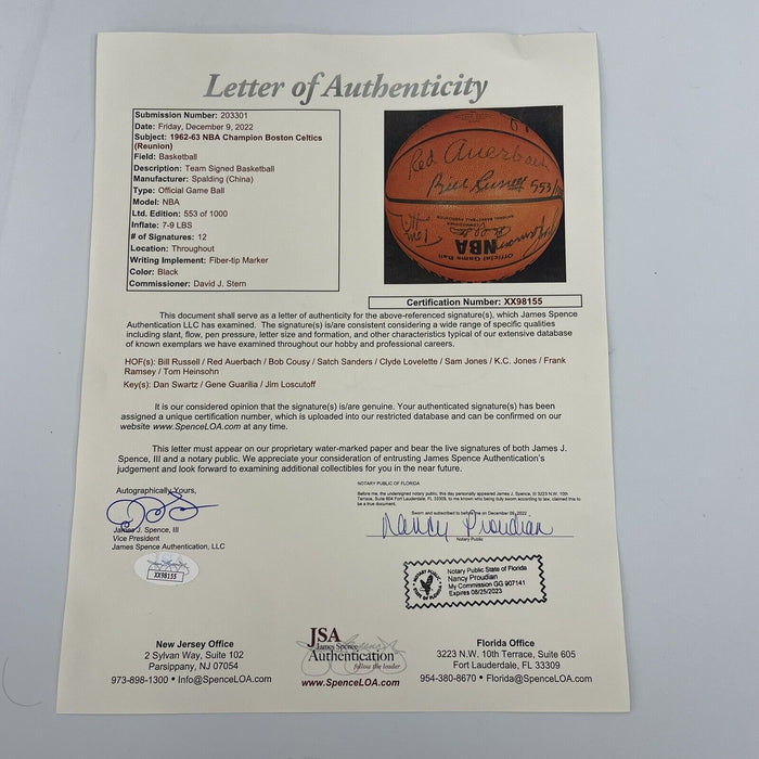 1962-1963 Boston Celtics NBA Champs Team Signed Basketball Bill Russell JSA COA