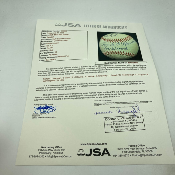Roger Peckinpaugh  Bob Shawkey Joe Dugan Joe Wood Signed Baseball JSA COA